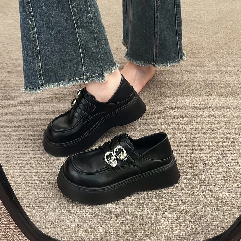 秋季新款乐福鞋女粗跟厚底单鞋2025复古皮带扣英伦风小皮鞋