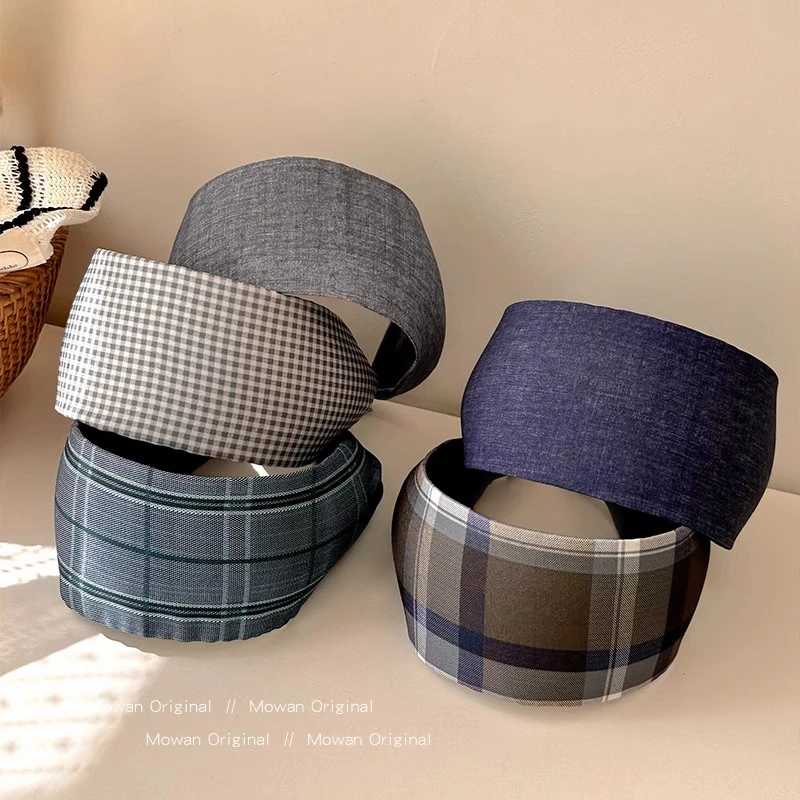 韩系灰蓝色格子宽边发箍女2025新款日常外戴高颅顶头箍发卡子发饰