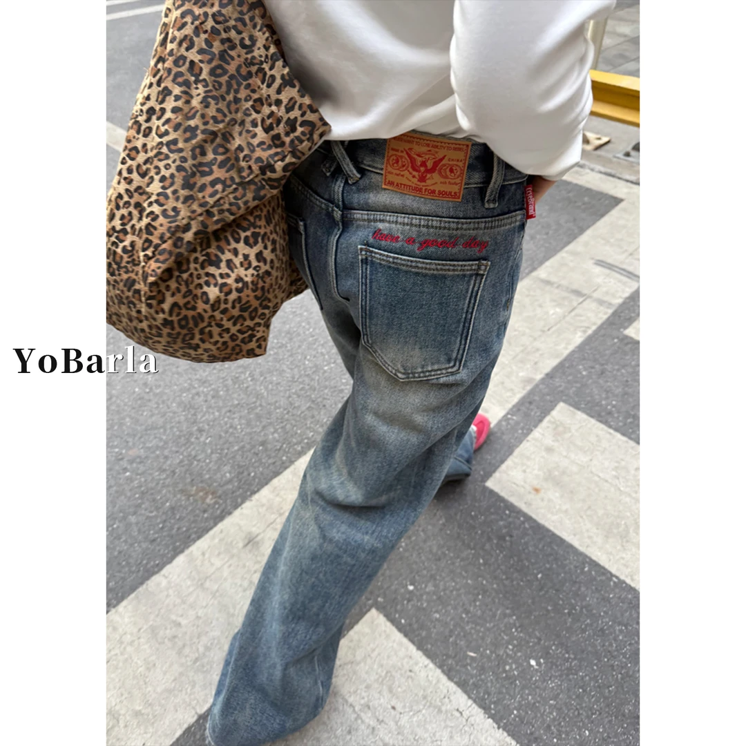 蓝色阔腿牛仔裤女冬季加绒梨型身材胖mm大码宽松高腰显瘦直筒裤子