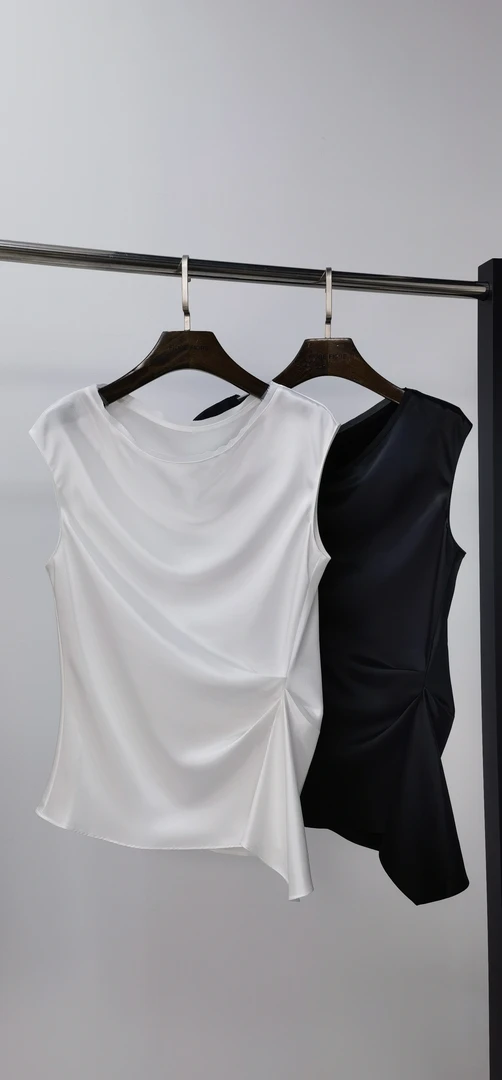 89005潮流一字领修身型背心常规网红褶皱短袖抗皱小众T恤时尚休闲