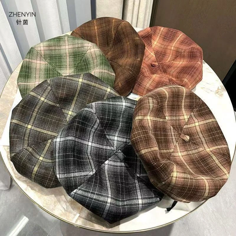 英伦格子贝雷帽子女秋冬休闲百搭日系贝蓓蕾显脸小画家帽2025新款