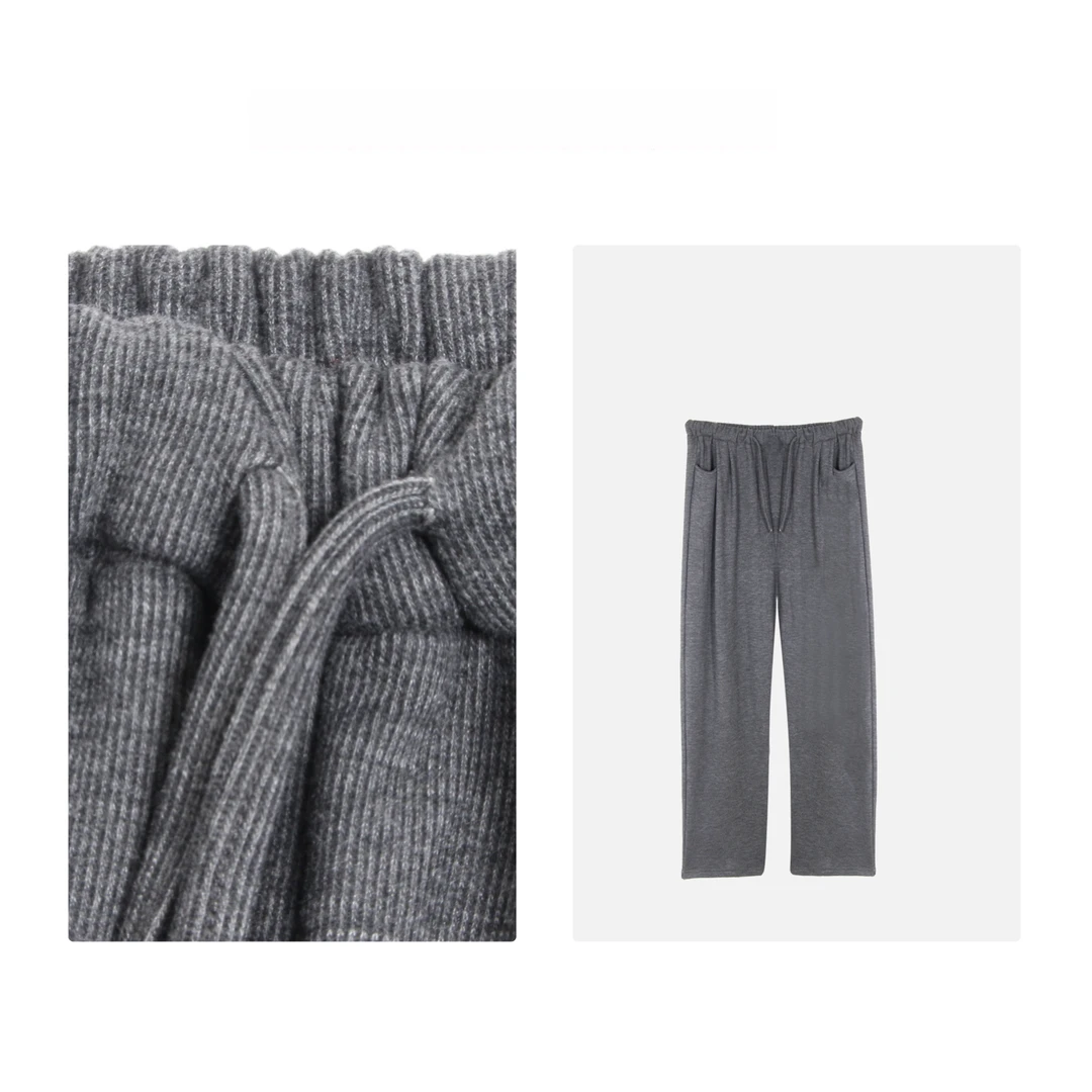 凯特丝蓓616#秋季气质高腰松紧系带休闲裤女灰色垂感阔腿直筒长裤