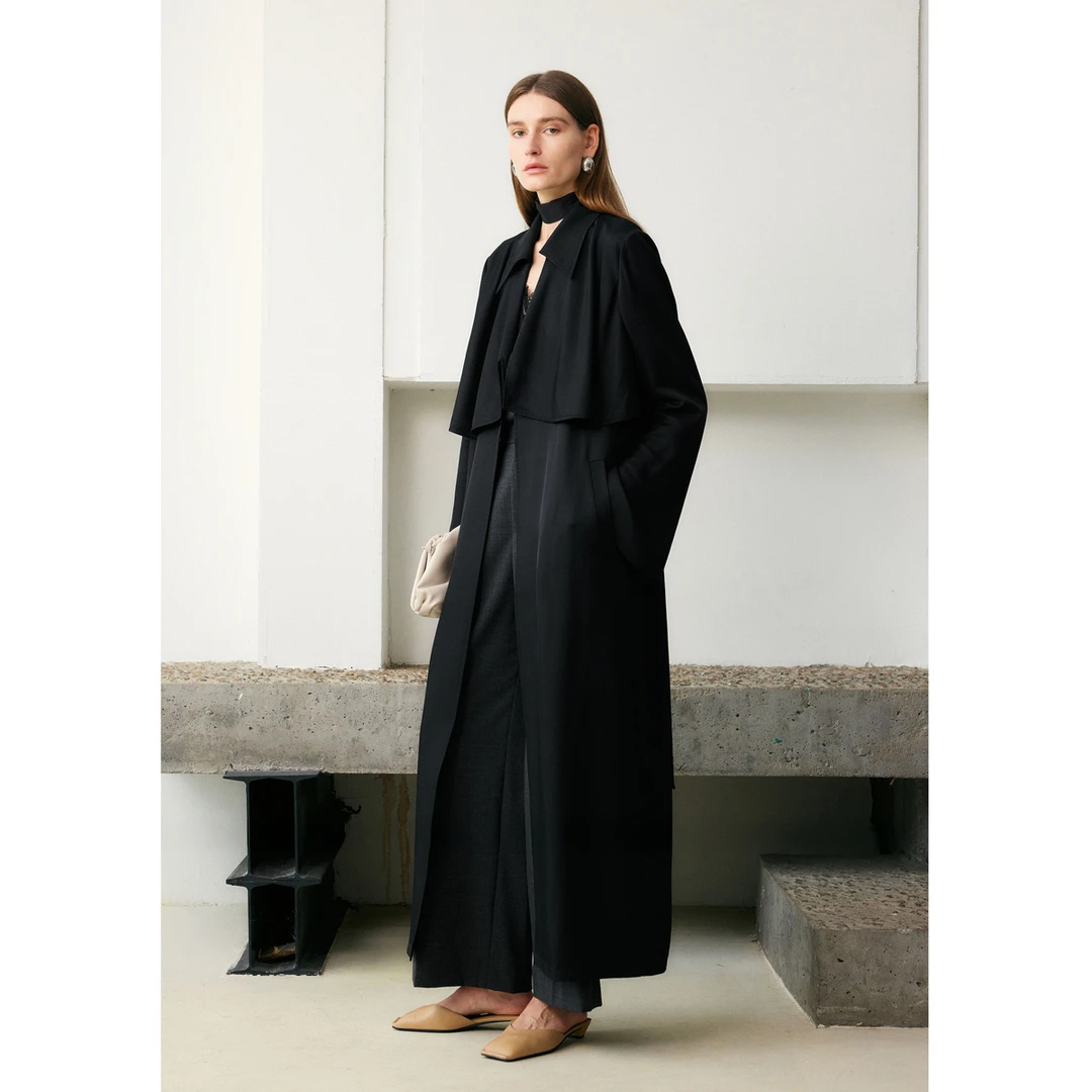 LYNEE【夜曲】醋酸羊毛长风衣衬衫领廓形大衣外套  LGD2FAW028