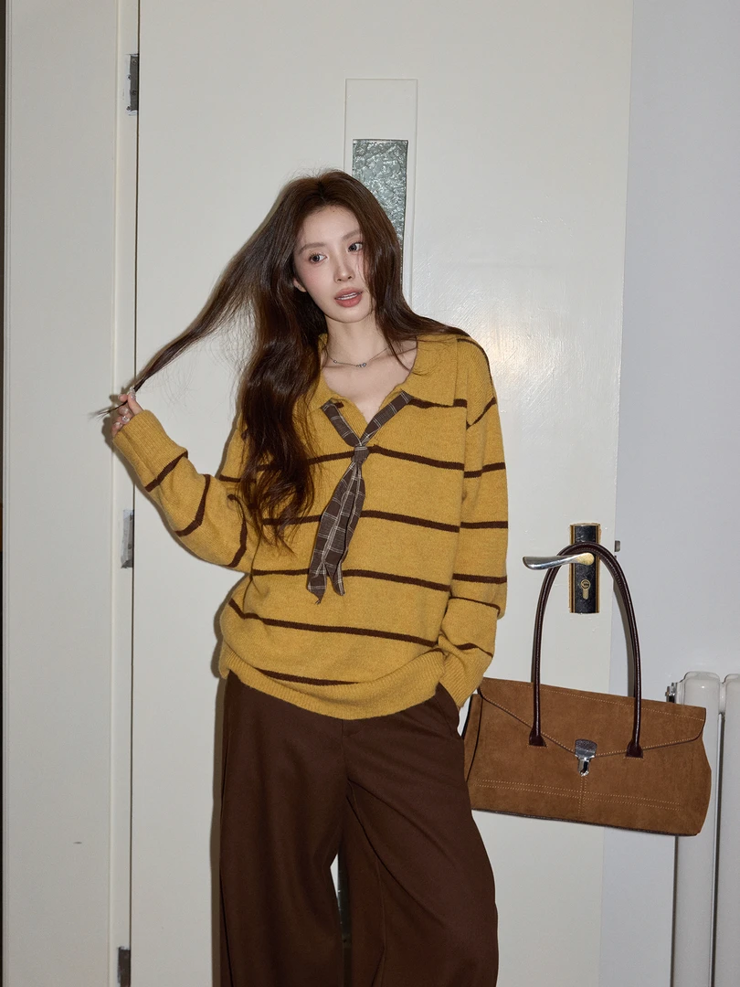 韩版黄色POLO领条纹套头毛衣女2025秋冬慵懒宽松针织衫长袖上衣