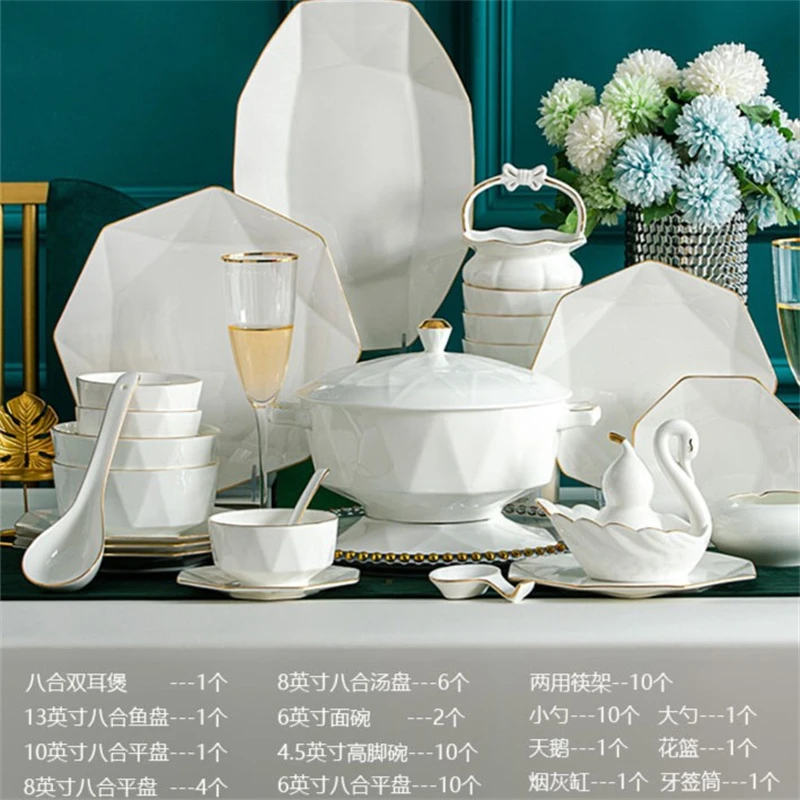 描金八角异形高端家用高端骨瓷大套组碗碟套装骨瓷餐具套装高档家