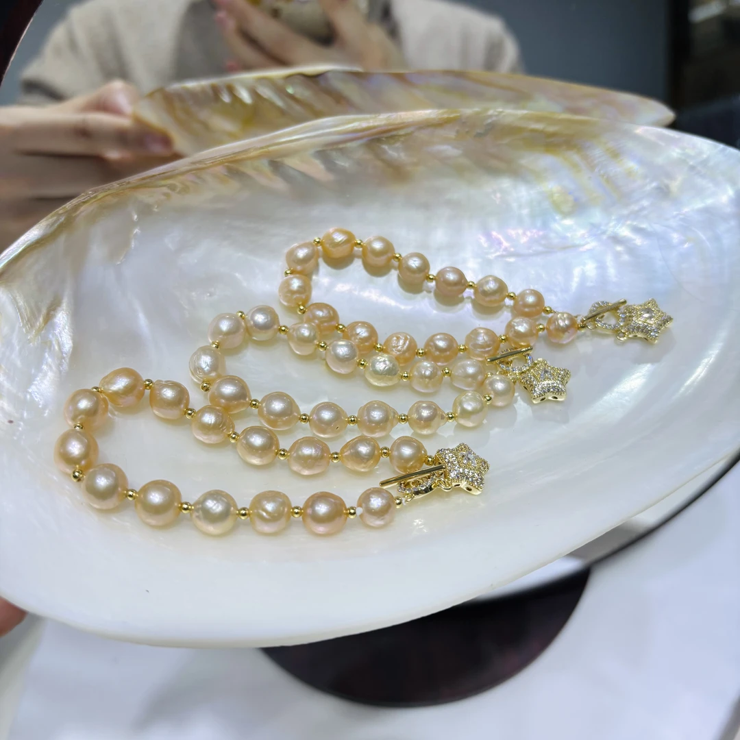 【洒金糖巴】中国红/爱马仕橙淡水珍珠手链8-10mm 合金 多样性发一