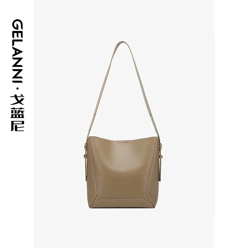 GELANNI 2024新款真皮拼接几何百搭休闲轻奢单肩斜挎牛皮托特包