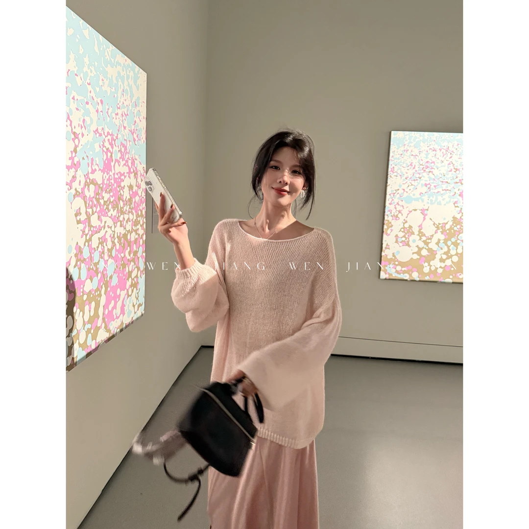 【蜜桃乌龙】粉色宽松罩衫毛衣套头温柔慵懒风