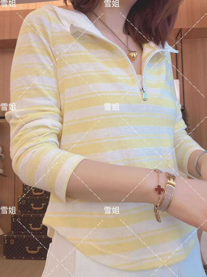 雪姐服饰「秋月条纹帽衫」半开领拉链连帽条纹长袖T恤新款撞色上衣