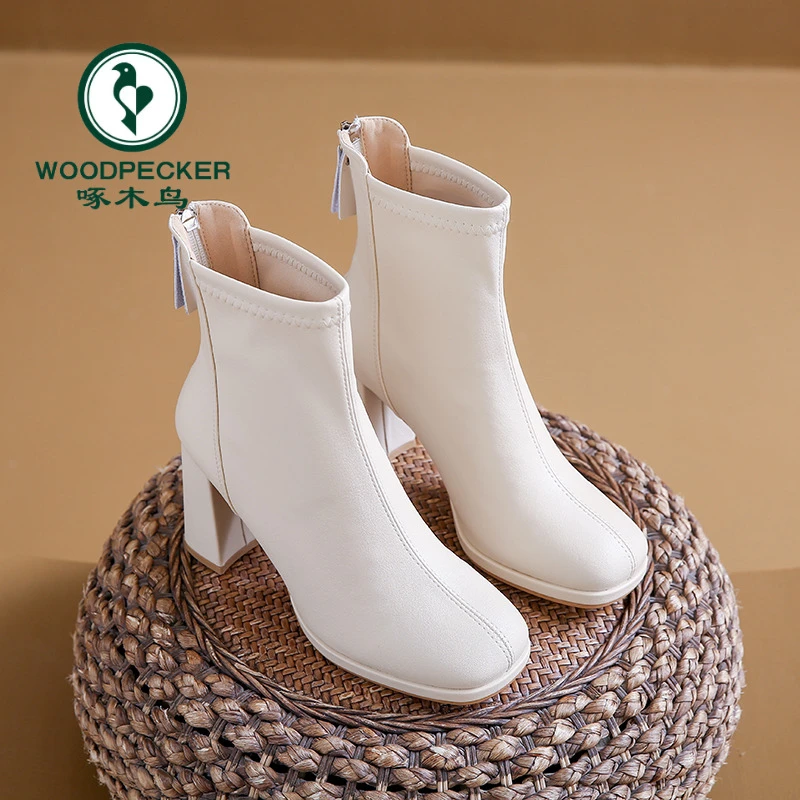 啄木鸟马丁靴女25秋冬新款方头瘦瘦靴粗跟不累脚短靴后拉链高跟鞋
