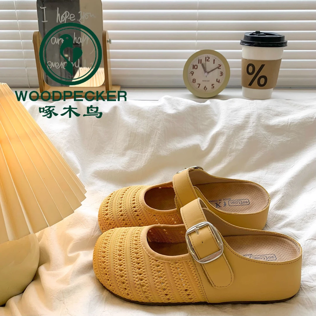 啄木鸟厚底内增高包头半拖鞋女夏外穿2025新款镂空一脚蹬勃肯拖鞋