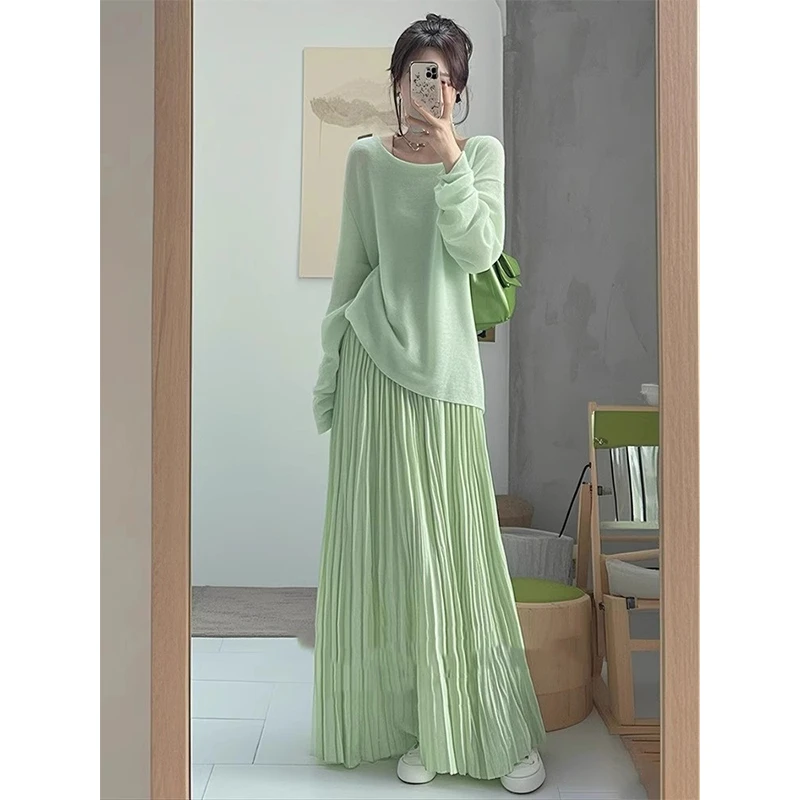 小香风薄荷绿色针织百褶裙套装女春2025新款爆款高级感穿搭一整套