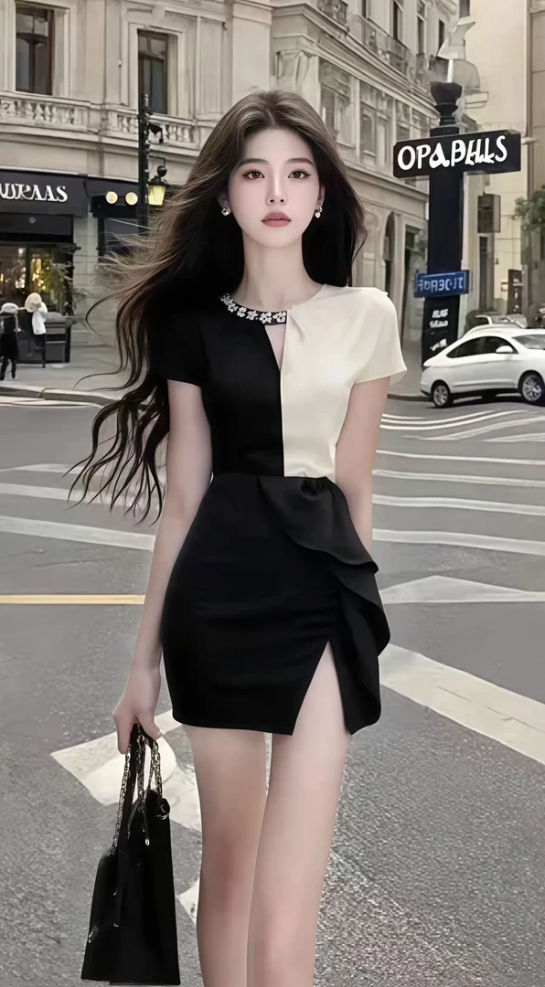 轻奢高端大气温柔知性风别致设计圆领收腰短袖包臀开叉连衣裙女