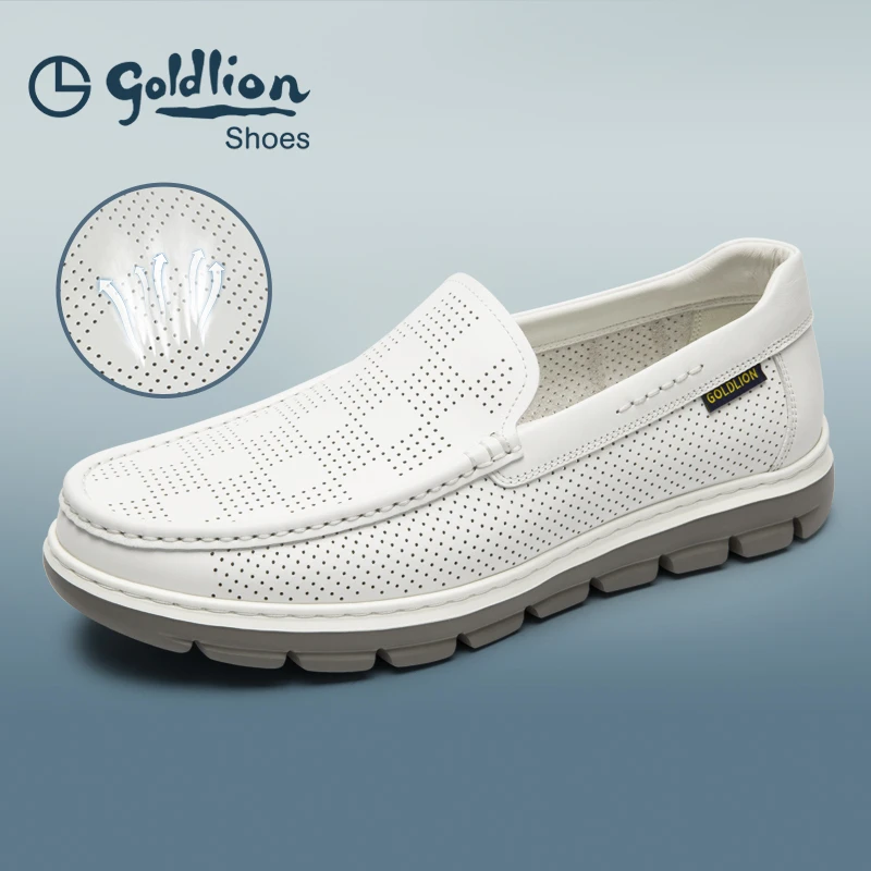 金利来男鞋夏季新款真皮全冲孔镂空男士凉鞋超轻透气一脚蹬乐福鞋