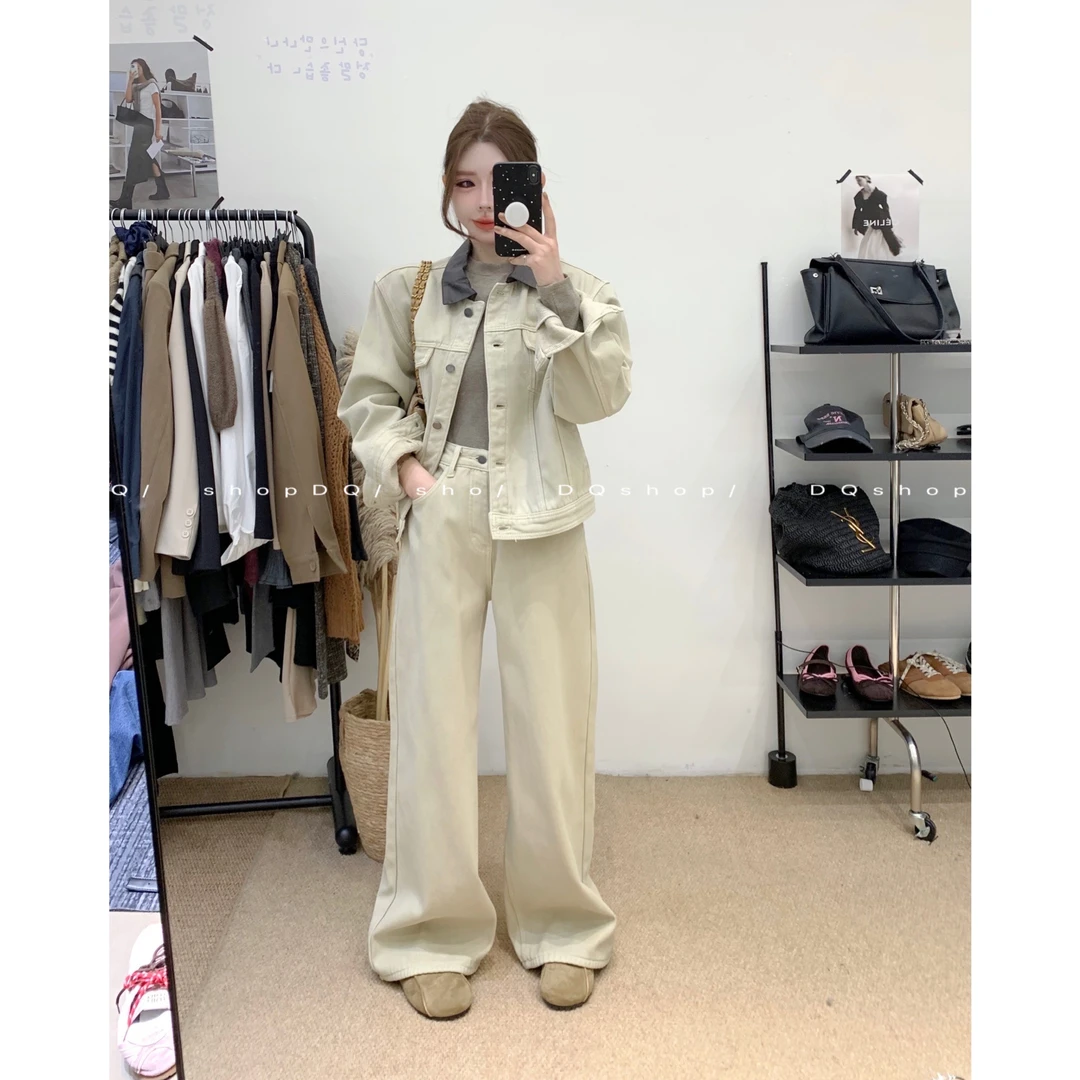 【 伦敦回忆录】 加厚绒牛仔拼皮套装