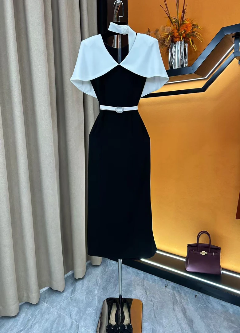 61280-撞色连衣裙名媛女神范夏季新款披肩设计V领长款礼服裙子
