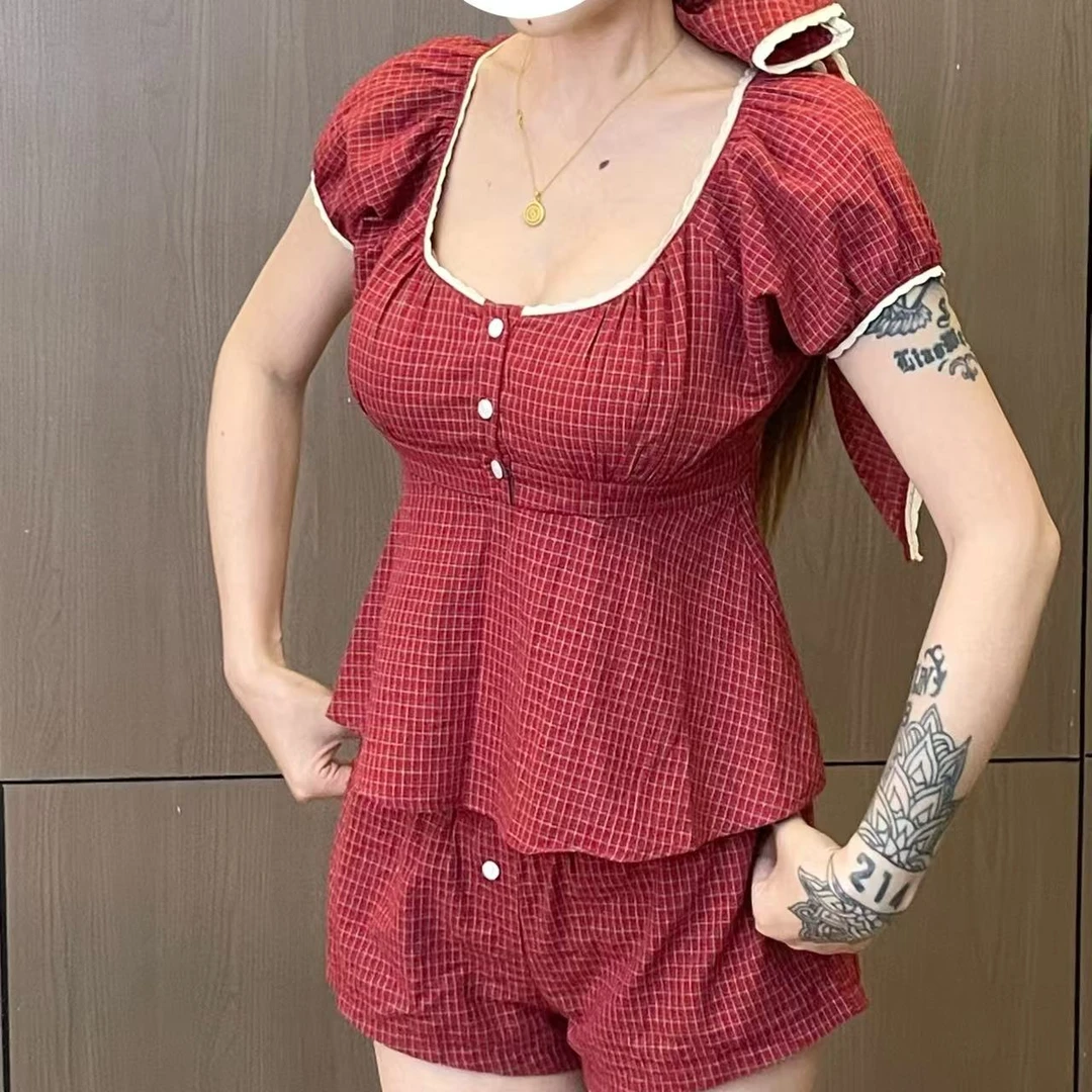 龙怼怼推荐【熟樱桃】短袖法式裤套装女夏季显瘦收腰格子遮肚气质