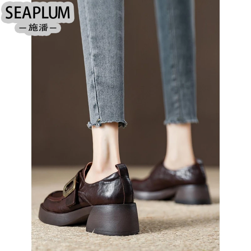 春秋厚底乐福鞋女真皮百搭单鞋2025高跟新款牛皮黑色英伦风小皮鞋