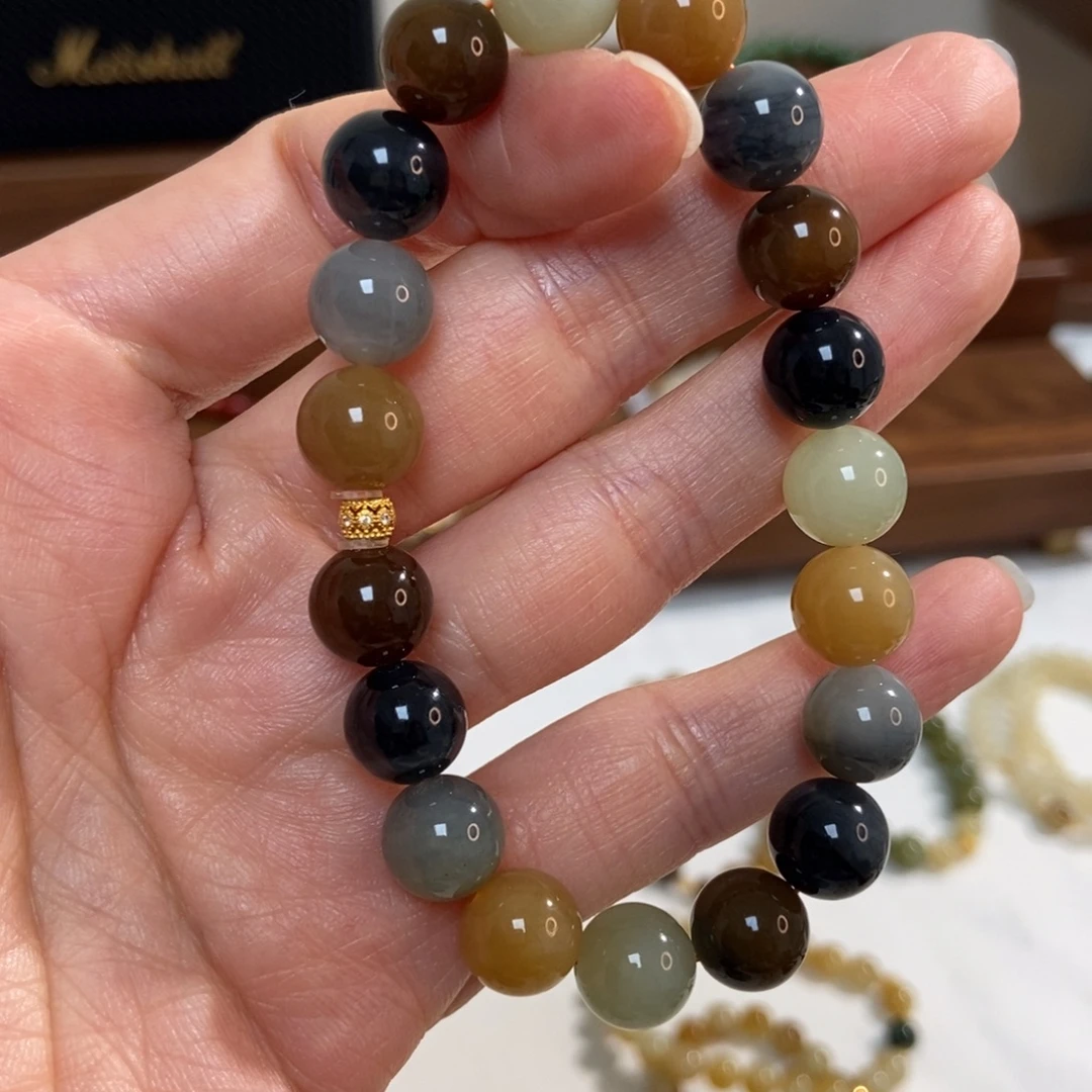 和田玉18K金镶嵌手链10mm楼兰精品