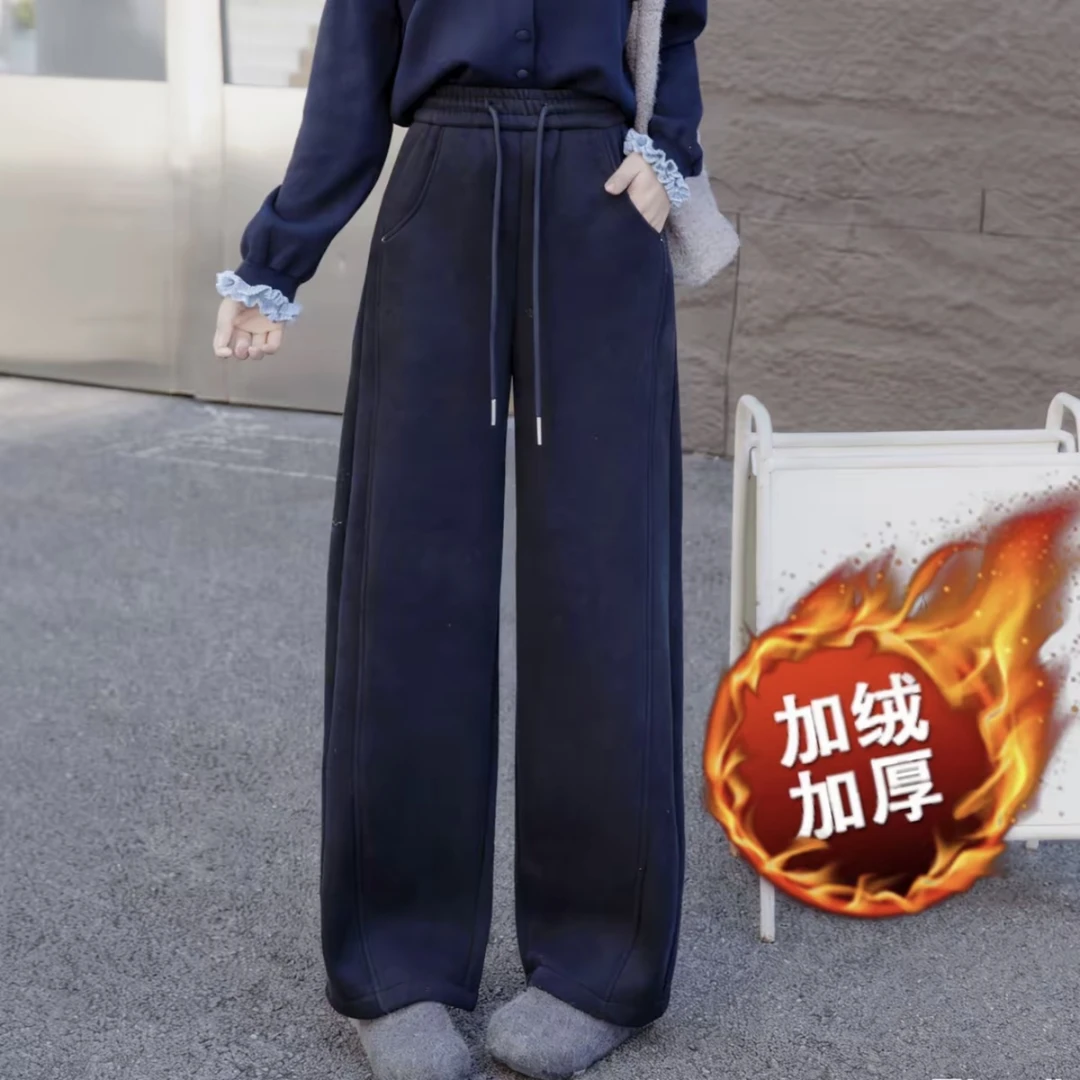 冬季新款百搭加绒加厚休闲运动裤松紧腰直筒裤宽松显瘦高腰卫裤