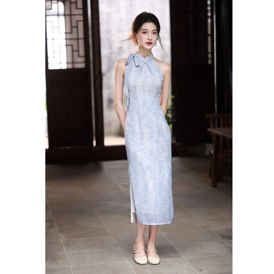 【风清余】25夏季新款乔其纱新中式中国风改良三色旗袍 衣长120