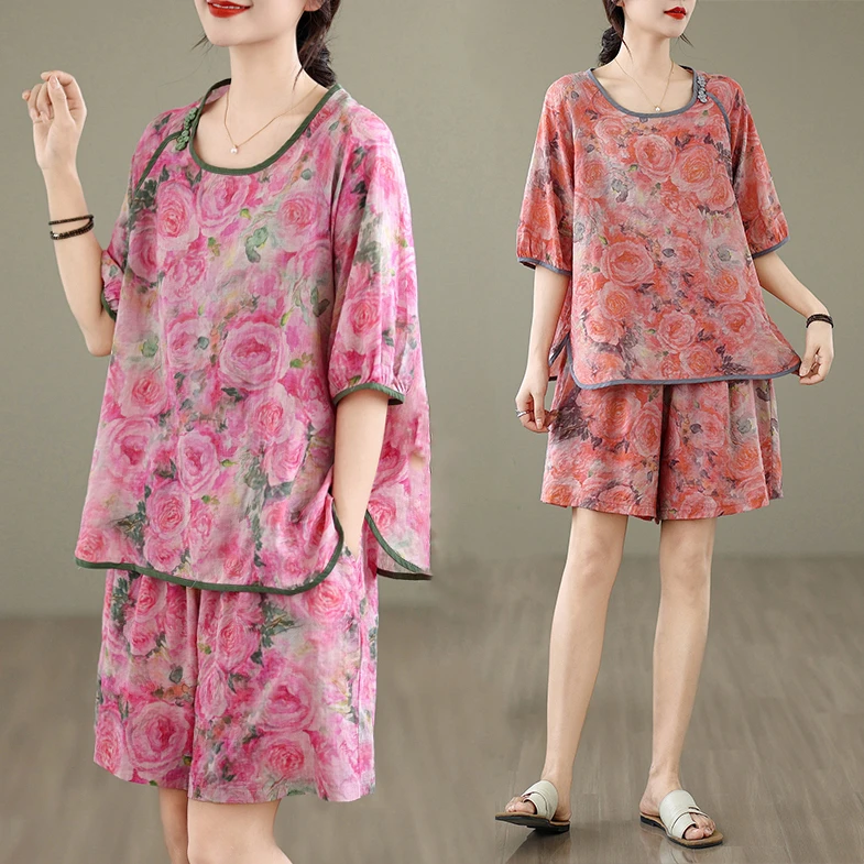 中老年人妈妈短袖上衣棉麻短裤套装女2025新款夏装洋气休闲两件套