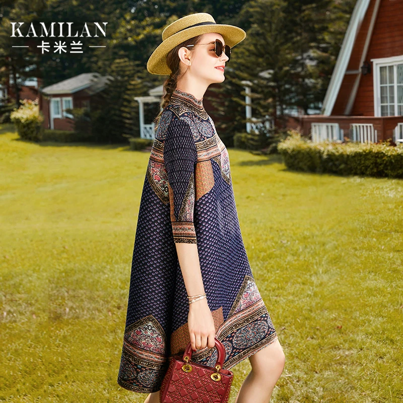 卡米兰连衣裙女2025年春秋新款小立领印花宽松A字裙-