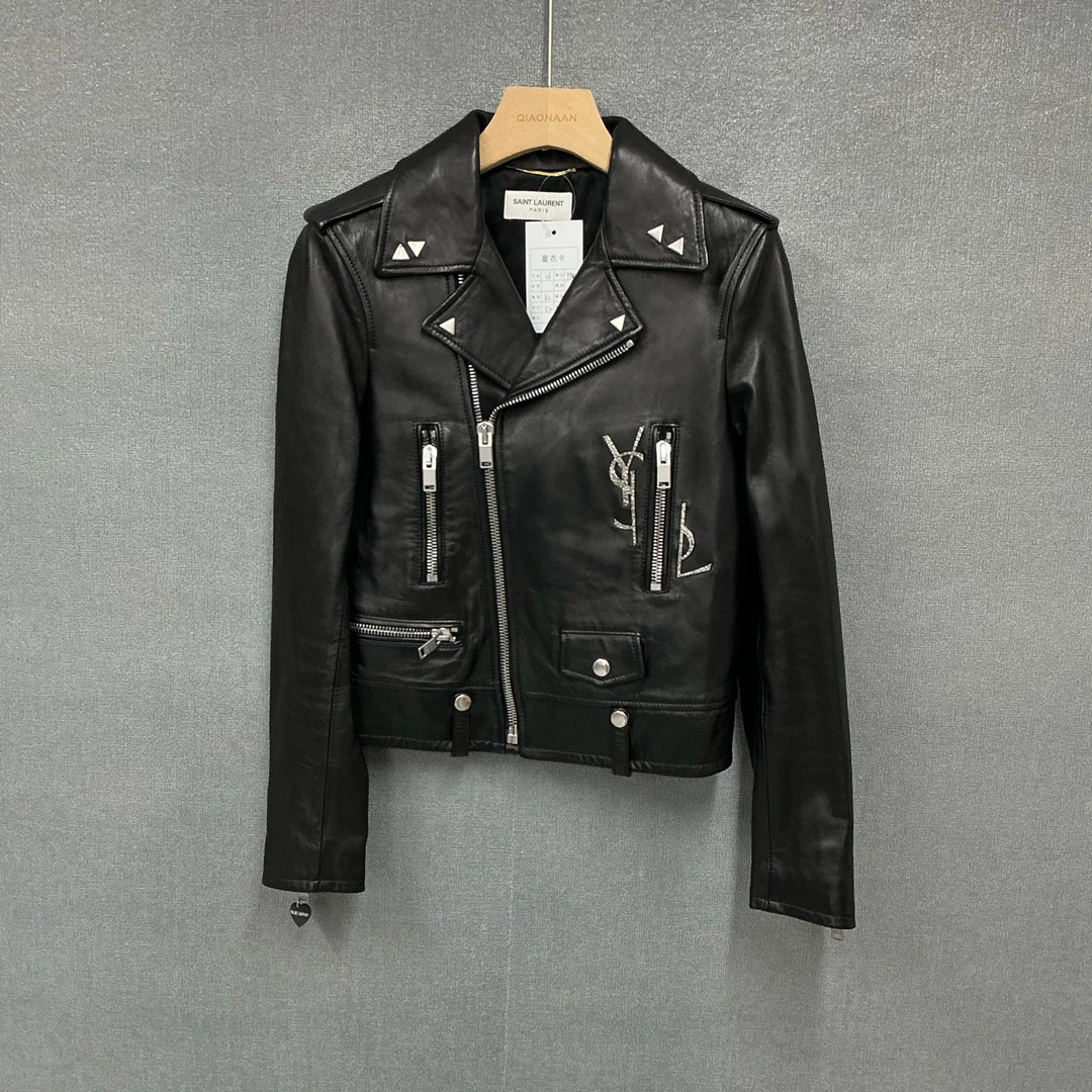 99新 YSL/圣罗兰 多拉链小羊皮机车风皮衣外套36码