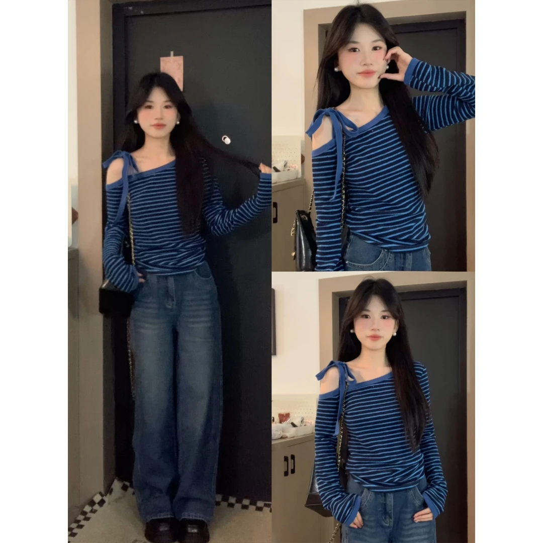 美式撞色条纹露肩设计感长袖T恤女春季新款慵懒松弛感超好看上衣