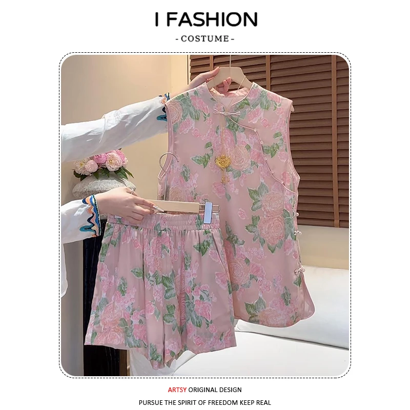 新中式时尚套装女2025年夏季新款盘扣立领上衣高腰阔腿短裤两件套