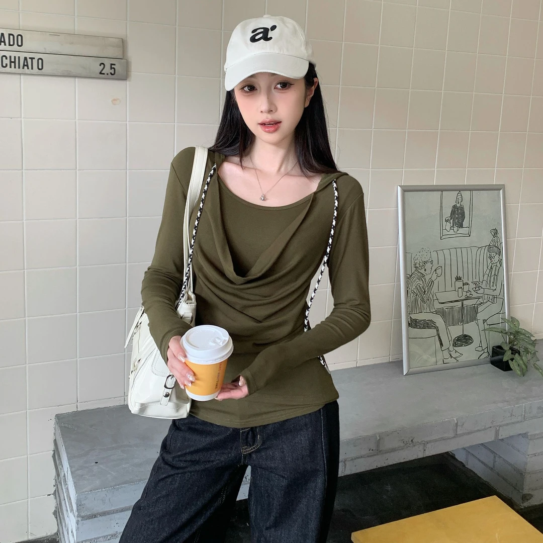 复古气质荡领假两件连帽长袖 T恤女秋季收褶设计感修身显瘦上衣