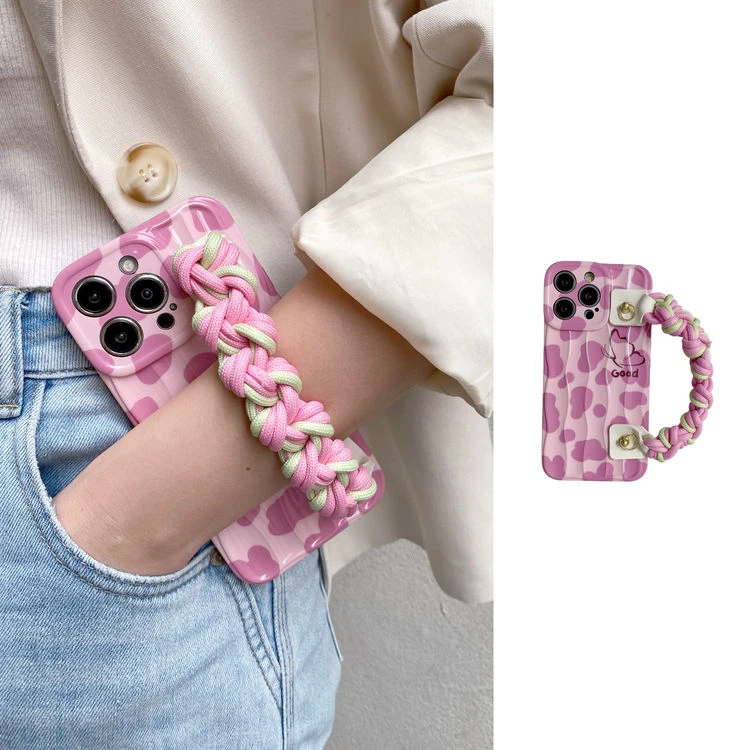 ins风少女粉色豹纹麻绳手腕带适用iPhone15Promax手机壳苹果16可