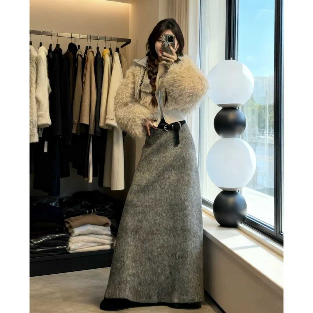 韩版洋气时尚毛茸茸短款外套女休闲高腰显瘦半身长裙套装