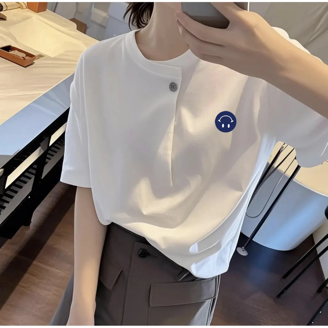 休闲简约白色高级感纽扣短袖t恤女夏季2025新款百搭慵懒半袖上衣