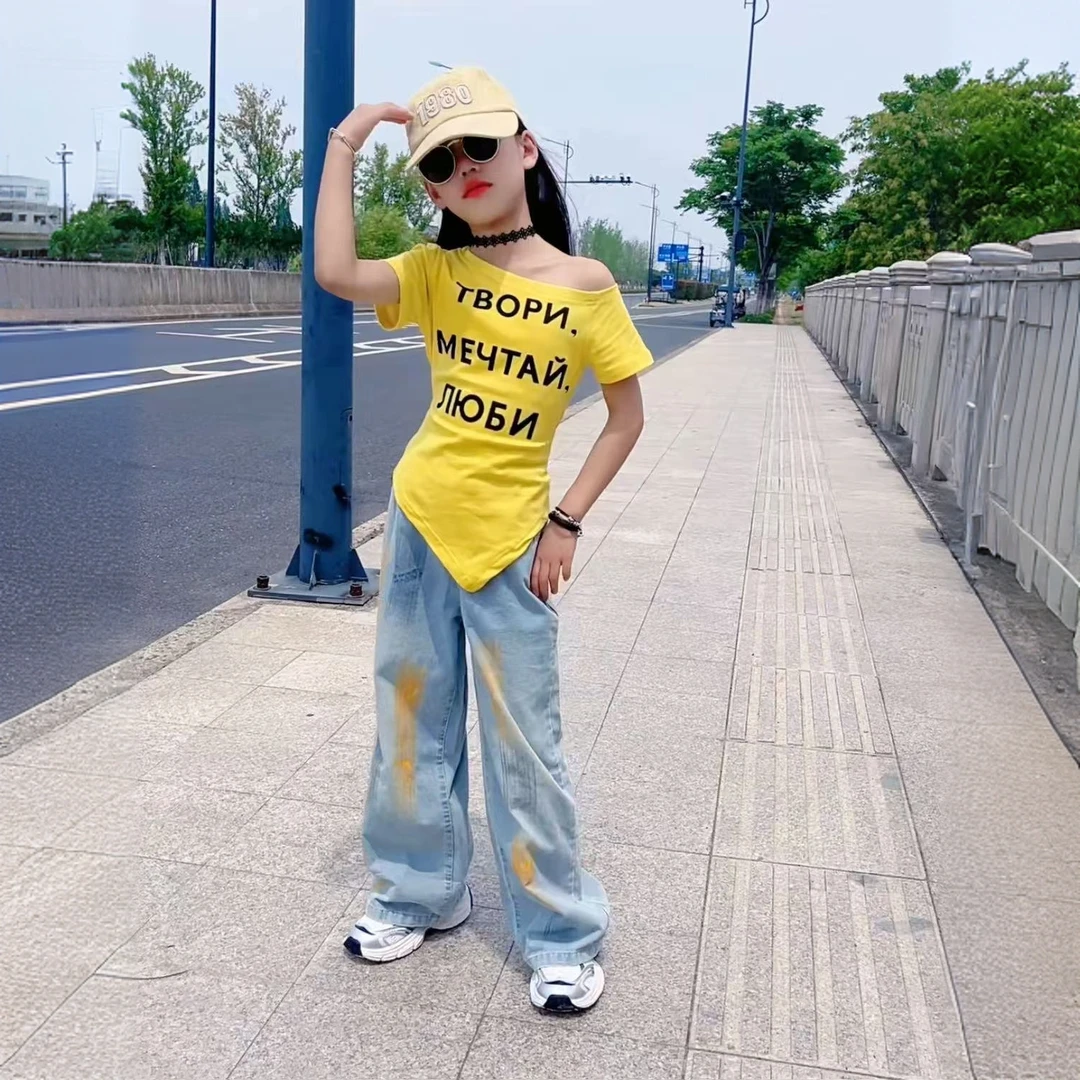 女童不规则短袖牛仔裤套装夏季2025新款甜酷露肩T恤薄款阔腿裤潮