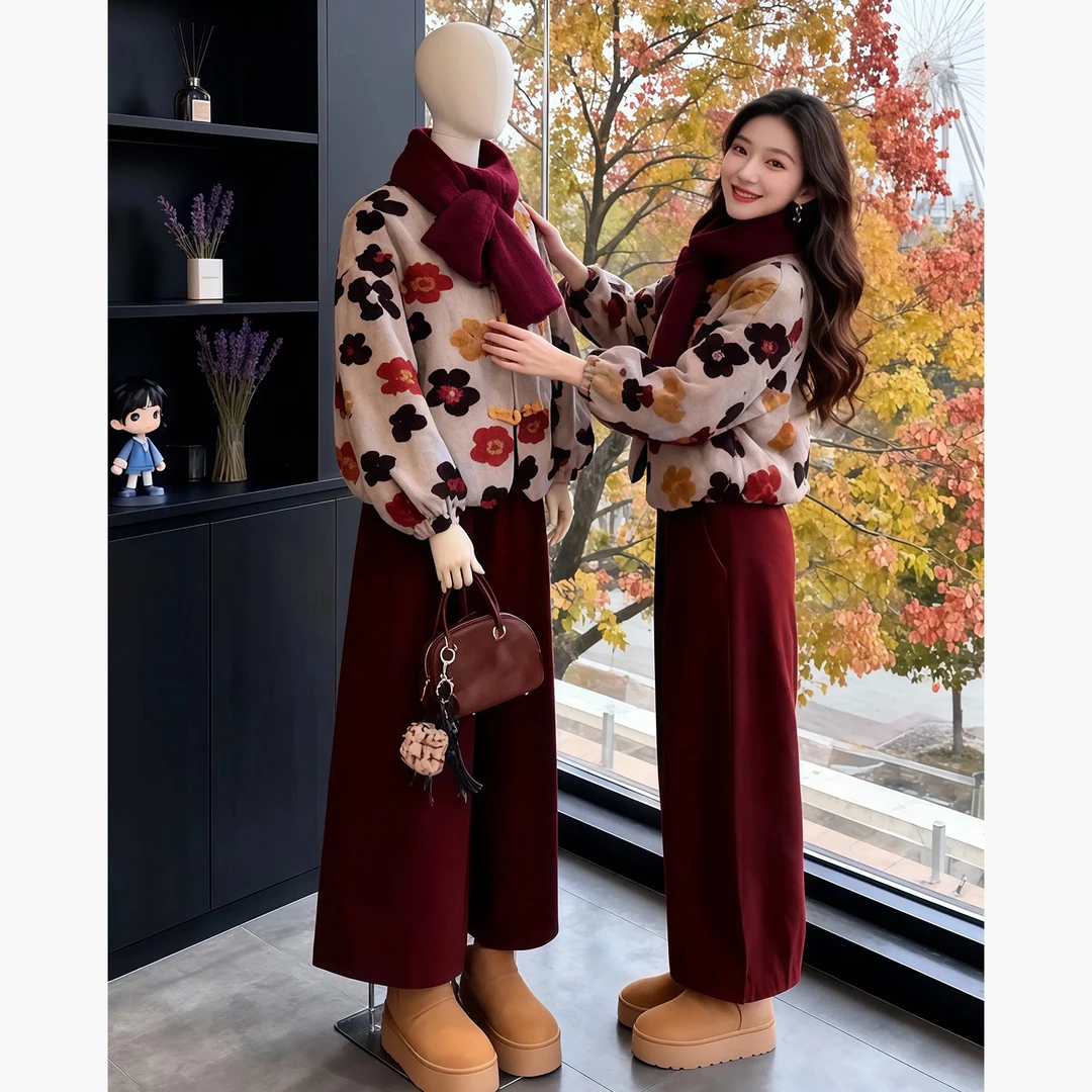 2025年秋冬新款复古气质高级感套装独特漂亮新中式禅意外套阔腿裤