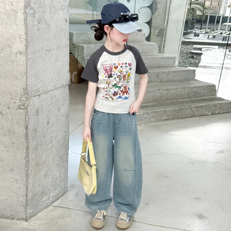 女童夏季短袖T恤2025新款洋气女大童夏装半袖上衣t儿童薄款牛仔裤