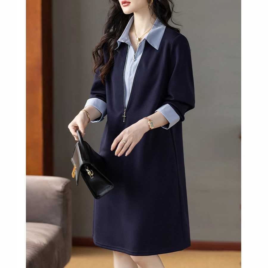 气质翻领拼接短袖连衣裙女2025秋季新款大码宽松显瘦中长款a字裙