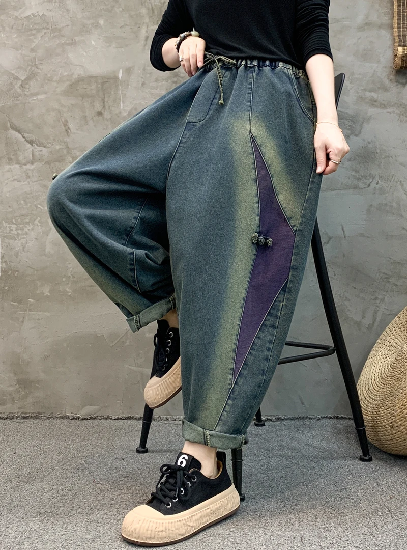 9909潮牌欧货扎染拼色重工炒色牛仔大版哈伦裤