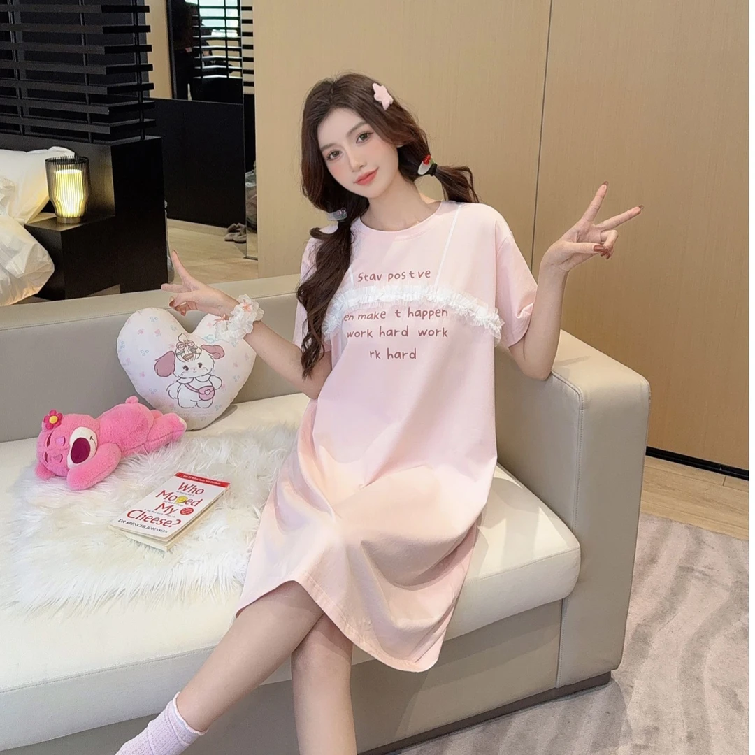 2025夏季新款甜美花边时尚小众设计感棉质正肩可外穿睡裙家居服