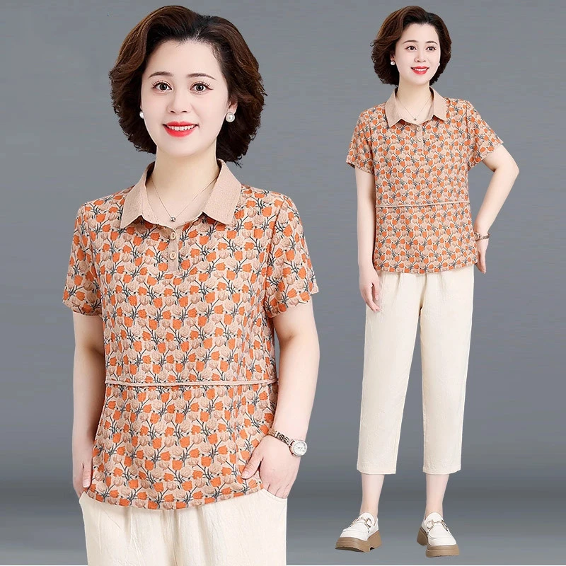 妈妈装夏季套装2025新款洋气老年人碎花短袖小衫中老年女夏装
