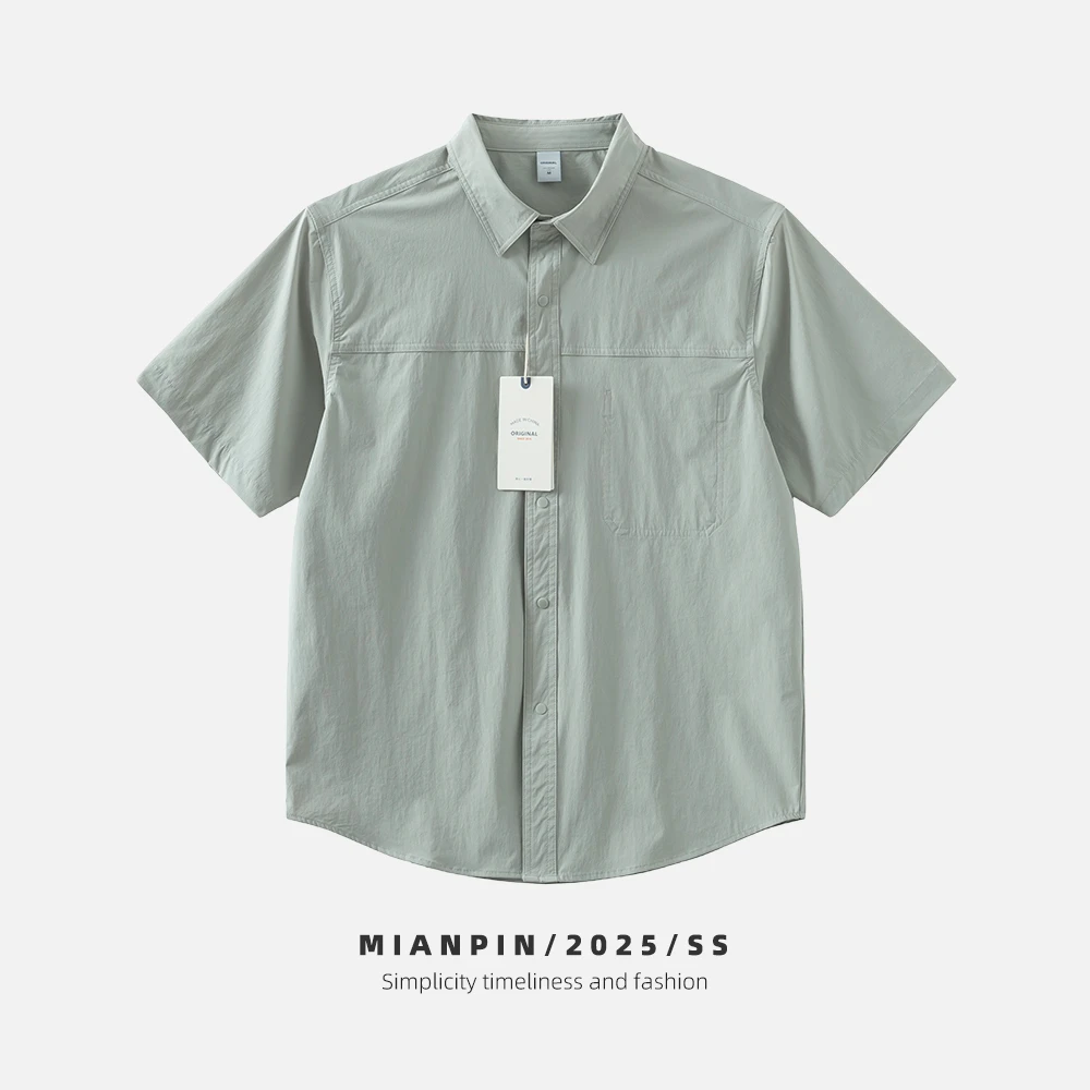 夏季户外男士休闲短袖工装衬衫薄款宽松潮流日系翻领纯色衬衣潮