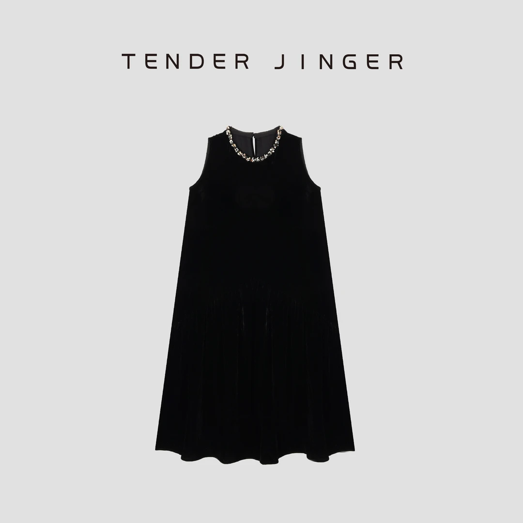 Tender Jinger【黑标】手工钉珠真丝丝绒连衣裙T53LAN30455