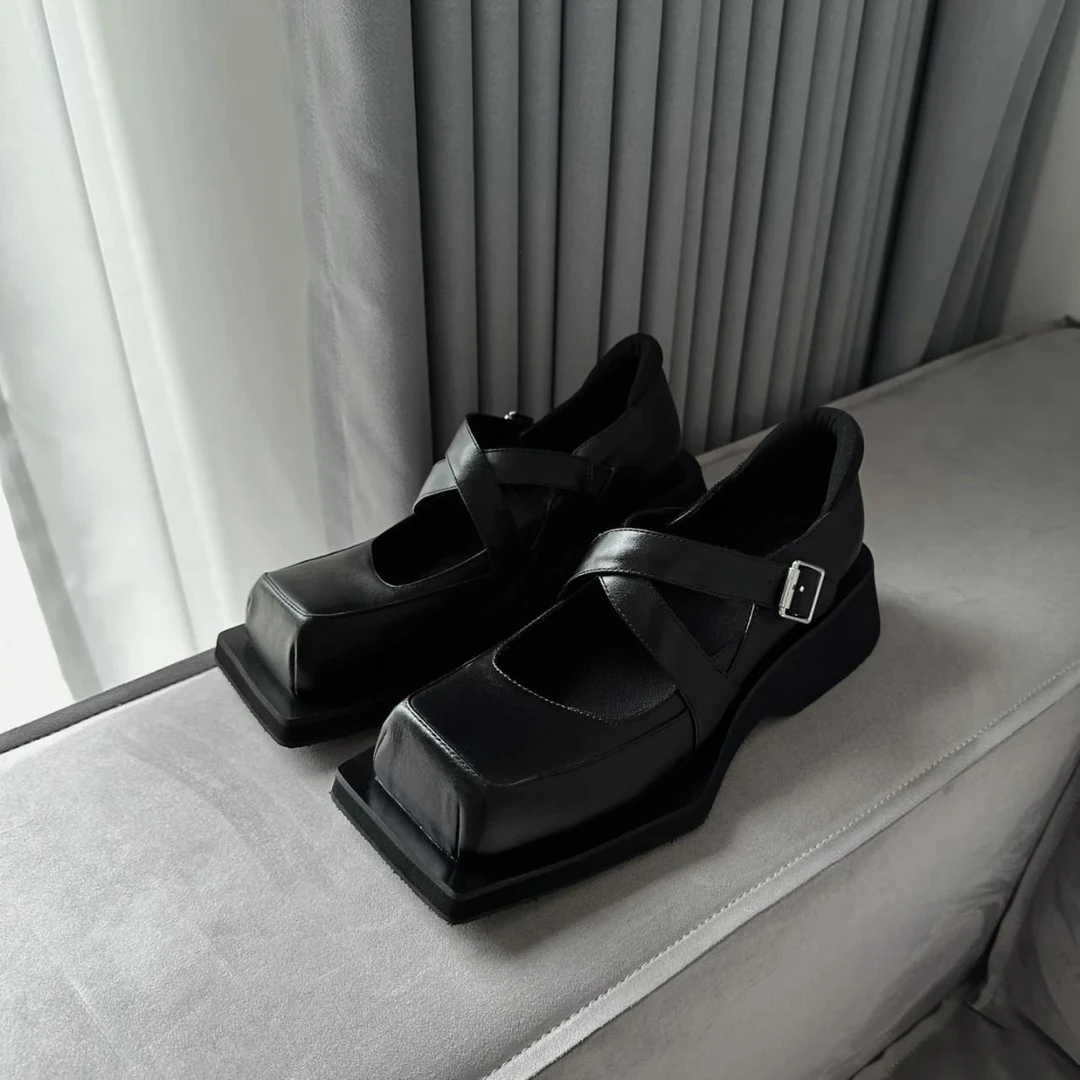 法式真皮方头玛丽珍鞋女粗高跟小皮鞋复古哑光交叉一字扣浅口单鞋