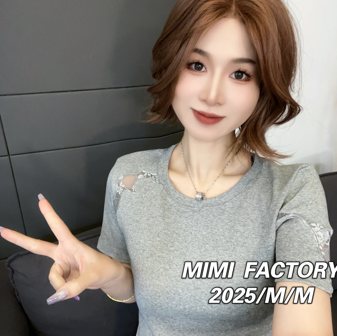 M&E【蕾丝镂空】设计短袖T恤女修身显瘦上衣2350# Z
