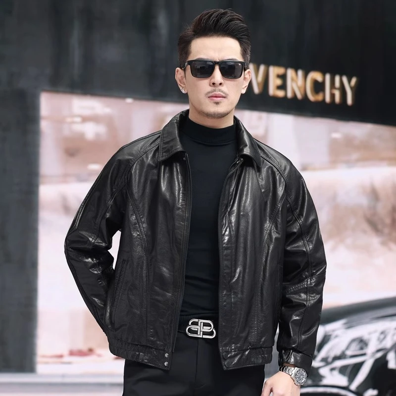 海宁真皮皮衣男士春秋油蜡头层牛皮宽松版时尚港风翻领皮外套