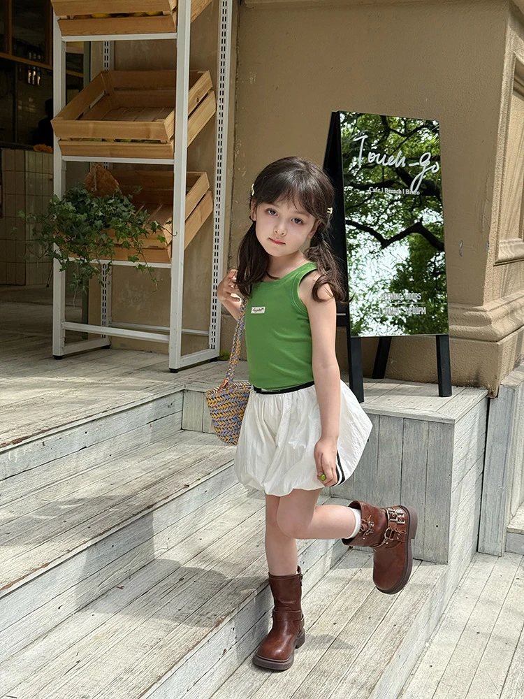 儿童宝宝6-12岁柔软弹力奥代尔洋气贴标小背心潮花苞短裤夏季套装