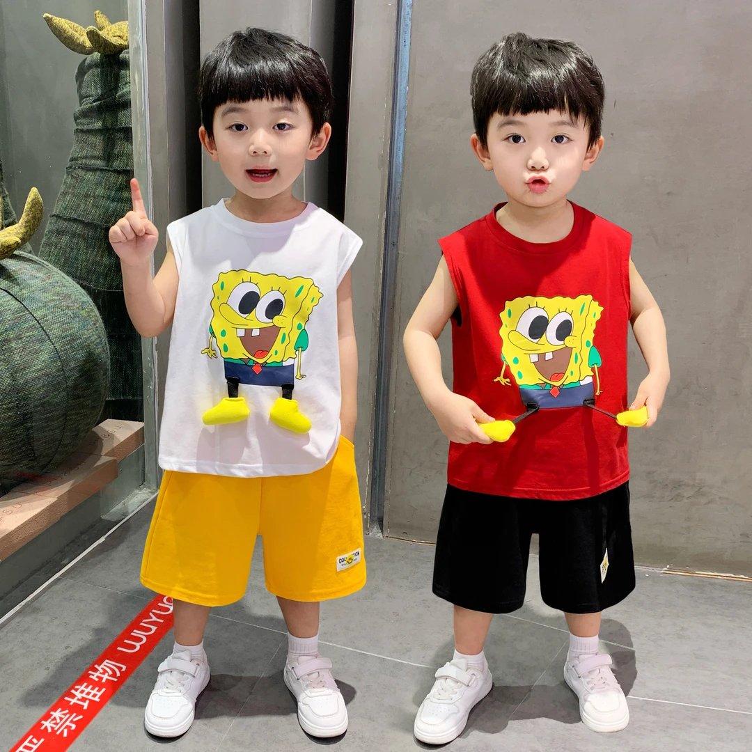 男童夏季无袖套装2025新款洋气儿童卡通衣服小男孩休闲背心两件套