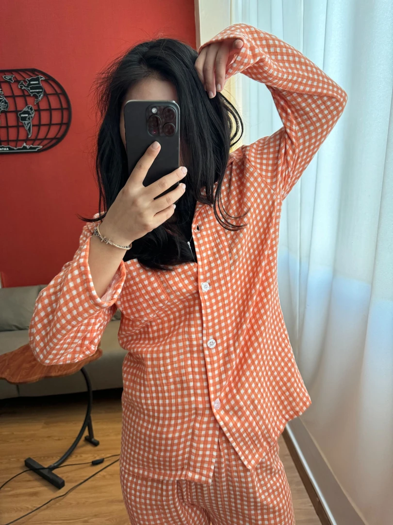 【全棉双层棉纱】长袖长裤家居服睡衣套装格子卡通透气月子服