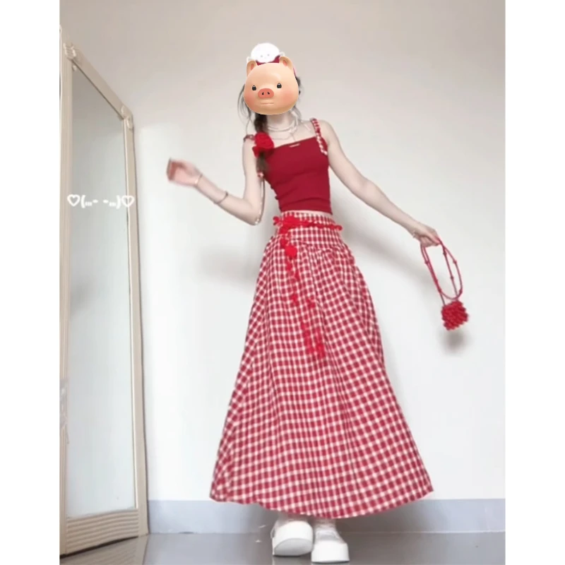 红色冰丝针织吊带小背心女夏外穿海边度假风修身辣妹短款无袖上衣